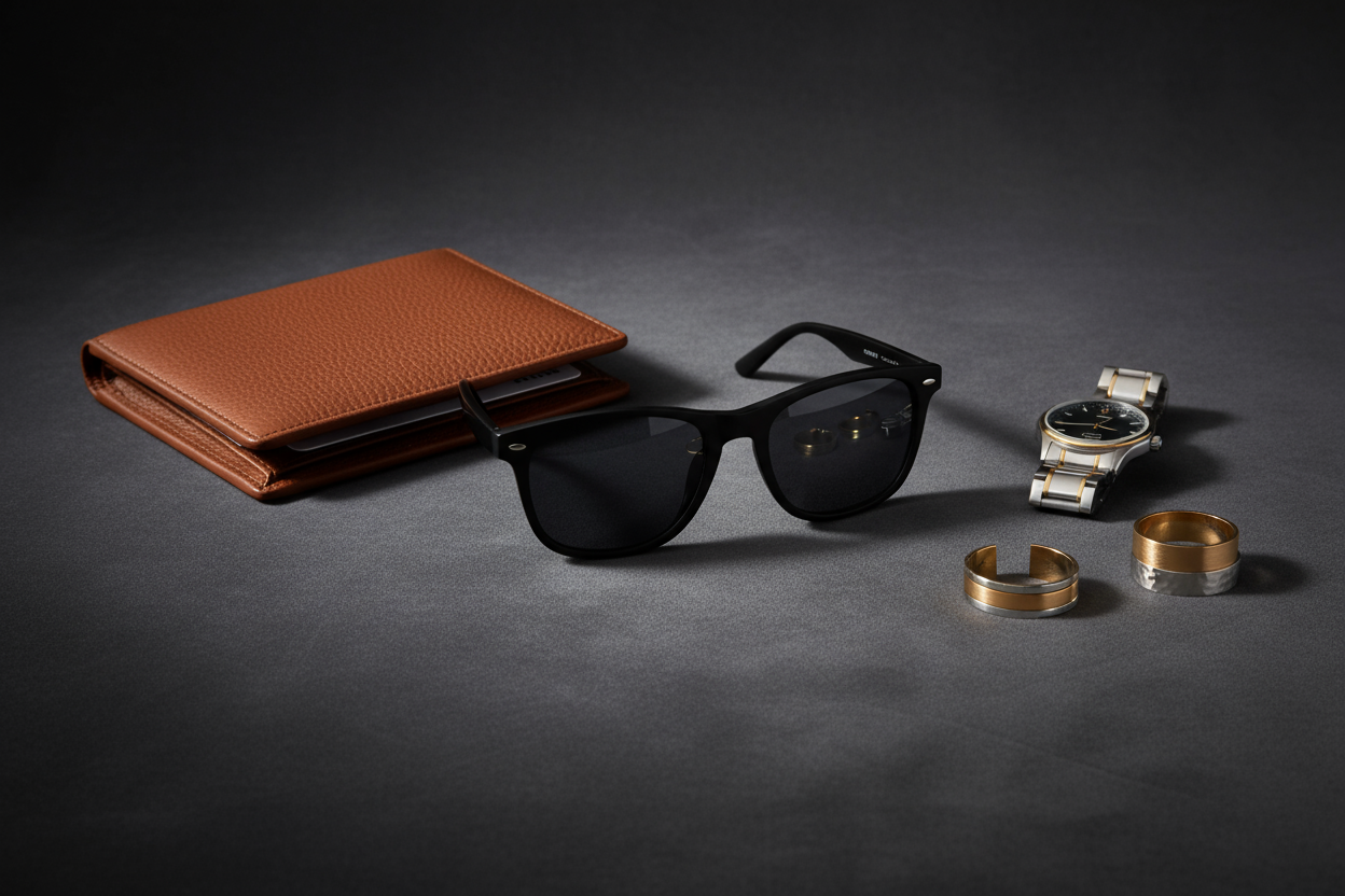 A neatly styled display of sunglasses, a leather wallet, or jewelry on a soft dark background.